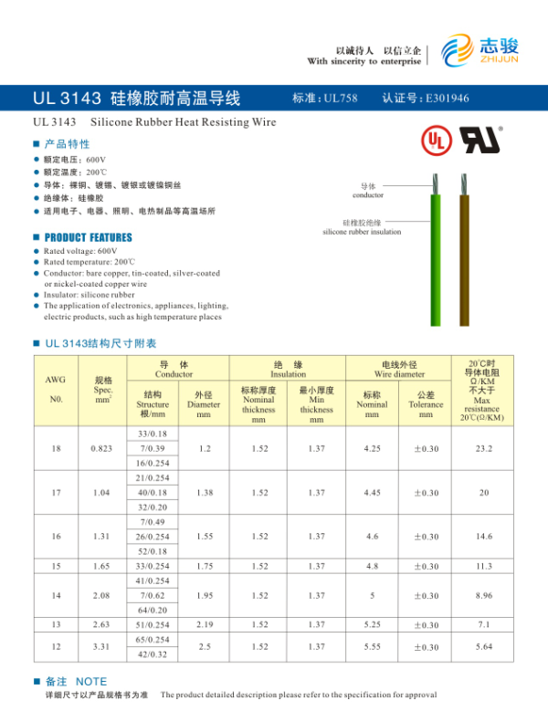 UL3143 硅橡胶耐高温导线