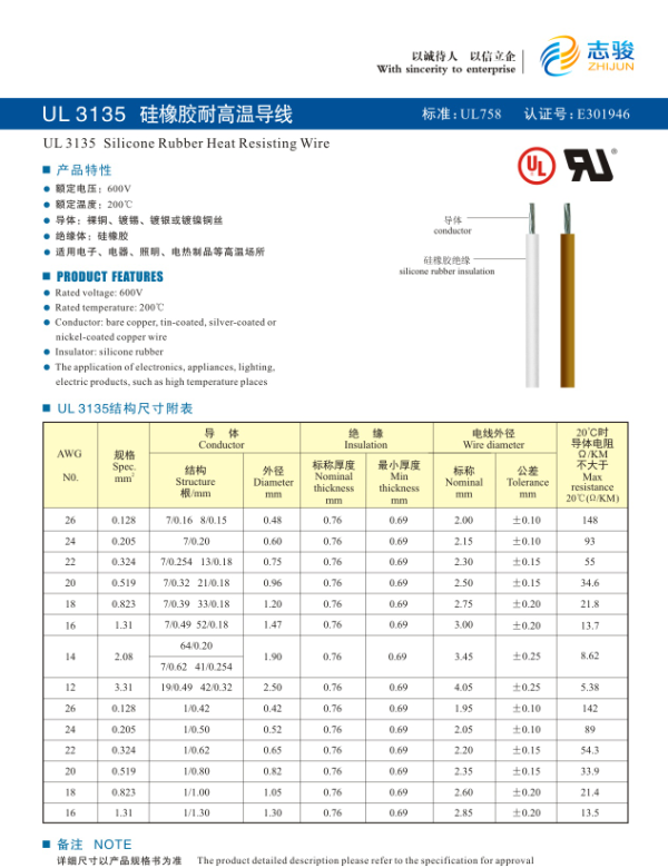 UL3135 硅橡胶耐高温导线